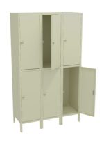 A beige, six-door metal locker unit with two open doors revealing empty compartments. The lockers are arranged in two rows of three, with one open on the top row and another on the bottom row.