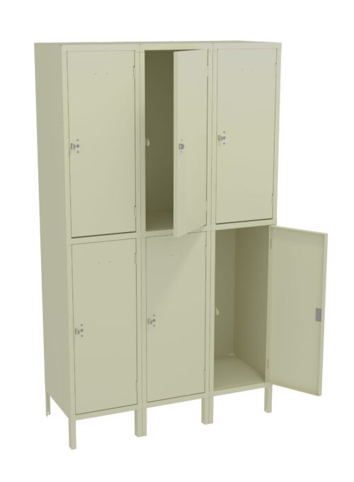 A beige, six-door metal locker unit with two open doors revealing empty compartments. The lockers are arranged in two rows of three, with one open on the top row and another on the bottom row.