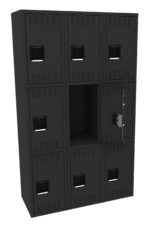 A black metal locker unit with nine compartments. All doors are closed except the middle door on the right, which is open, revealing an empty space inside. The locker doors have rectangular handles.