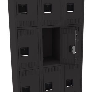 A black metal locker unit with nine compartments. All doors are closed except the middle door on the right, which is open, revealing an empty space inside. The locker doors have rectangular handles.