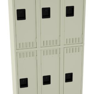 A beige metal locker unit with six compartments arranged in two rows of three. Each locker has a black handle and ventilation slots on the top and bottom.