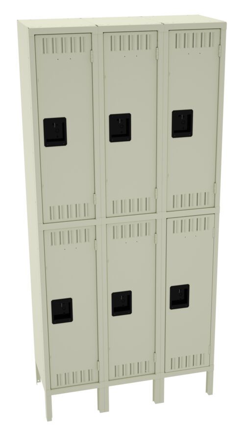 A beige metal locker unit with six compartments arranged in two rows of three. Each locker has a black handle and ventilation slots on the top and bottom.