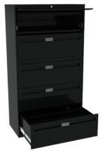 A tall, black metal filing cabinet with five drawers is shown. The top drawer is slightly open, while the bottom drawer is fully extended. Each drawer has a silver handle. The cabinet stands against a white background.