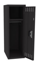 Open black metal cabinet with a vertical design. The cabinet door is ajar to the right, showing an empty interior with a middle shelf and a hook. A lock mechanism is visible on the door. The background is plain white.