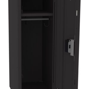 Open black metal cabinet with a vertical design. The cabinet door is ajar to the right, showing an empty interior with a middle shelf and a hook. A lock mechanism is visible on the door. The background is plain white.