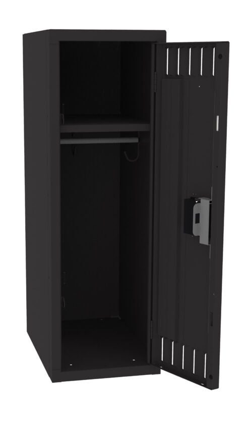 Open black metal cabinet with a vertical design. The cabinet door is ajar to the right, showing an empty interior with a middle shelf and a hook. A lock mechanism is visible on the door. The background is plain white.