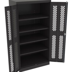 A black metal cabinet with open mesh-patterned doors, revealing five empty shelves inside. The cabinet stands on the floor with the doors widely opened.