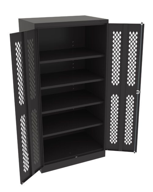 A black metal cabinet with open mesh-patterned doors, revealing five empty shelves inside. The cabinet stands on the floor with the doors widely opened.