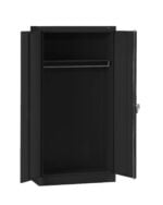 A black metal cabinet with two open doors, revealing an empty interior with a single horizontal rod for hanging items. The cabinet has a sleek, industrial design and a small lock mechanism on the right door.