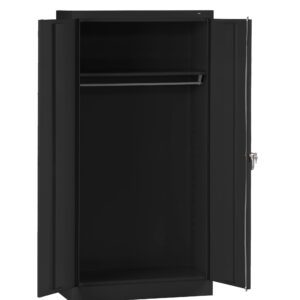 A black metal cabinet with two open doors, revealing an empty interior with a single horizontal rod for hanging items. The cabinet has a sleek, industrial design and a small lock mechanism on the right door.