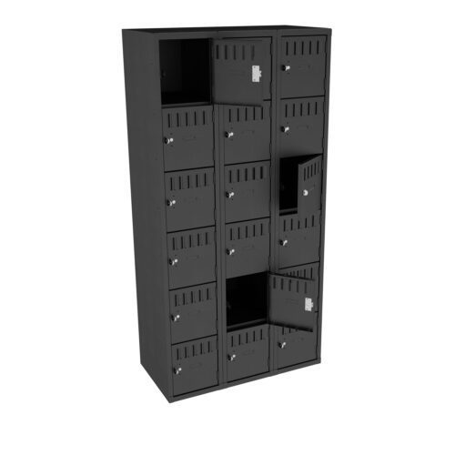 upabekja2mgxoxytabjr.jpg A black, rectangular locker unit with five columns and three rows of compartments. Some doors are slightly open, revealing the dark interior. Each compartment features a silver lock and a slot for labels.