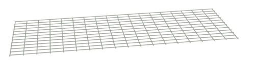 A rectangular wire mesh panel with a grid pattern, viewed from an angle. The metal is light gray, and the panel appears to be thin and lightweight, with evenly spaced horizontal and vertical lines forming the grid.