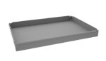 A gray metal tray with low sides and smooth surfaces, shown from an angle against a white background. The tray features small perforations at the corners for assembly or stacking.