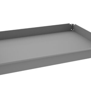 A gray metal tray with low sides and smooth surfaces, shown from an angle against a white background. The tray features small perforations at the corners for assembly or stacking.