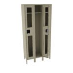 A beige metal locker with two doors, each featuring a rectangular window. The left side is open, revealing a hanging rod and small shelf inside. The locker stands on attached legs.