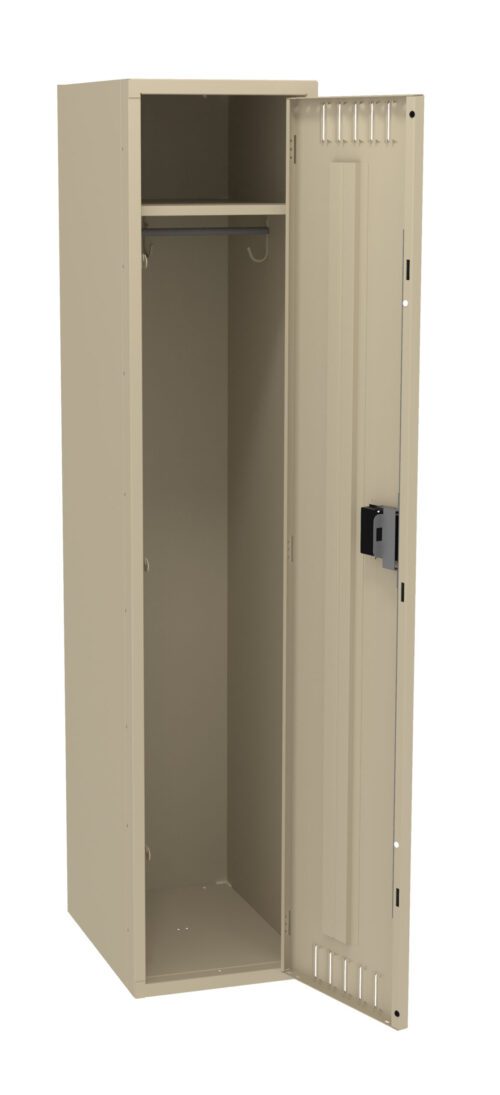 upyhlc7hb6bika41bfg1.jpg An open beige metal locker with a single compartment, featuring a hanging rod and a lock on the door.
