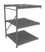 A metal shelf unit with three spacious, slatted shelves and vertical supports on both sides. The frame is reinforced with cross-bracing on the left for added stability. The design is simple and utilitarian.