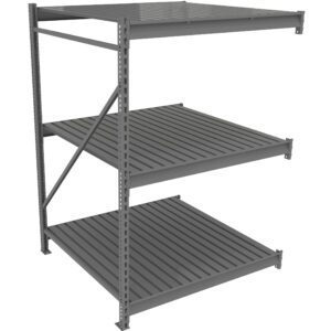 A metal shelf unit with three spacious, slatted shelves and vertical supports on both sides. The frame is reinforced with cross-bracing on the left for added stability. The design is simple and utilitarian.