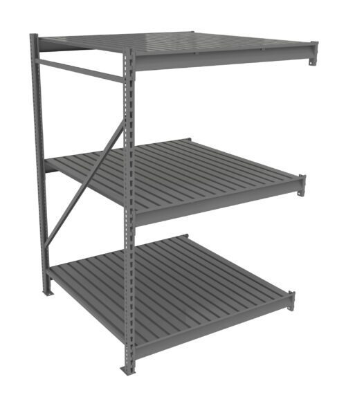 A metal shelf unit with three spacious, slatted shelves and vertical supports on both sides. The frame is reinforced with cross-bracing on the left for added stability. The design is simple and utilitarian.