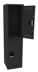 A tall black metal locker with two compartments, one on top and one on the bottom. The top compartments door is open, revealing an empty interior. The bottom compartment is closed, and both have vents for ventilation.