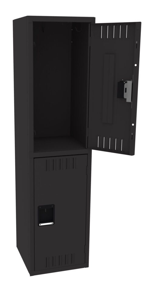 A tall black metal locker with two compartments, one on top and one on the bottom. The top compartments door is open, revealing an empty interior. The bottom compartment is closed, and both have vents for ventilation.