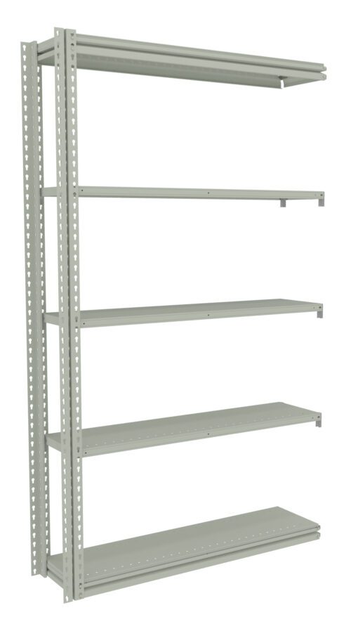 A metal shelving unit with five adjustable shelves, featuring a simple design in a light gray color. The shelves appear empty and ready to store items. The unit has a sturdy, industrial look suitable for storage or organizational use.