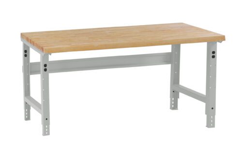 A sturdy workbench with a wooden tabletop and gray metal legs. The bench has adjustable height slots and a simple, functional design, suitable for various workshop tasks.