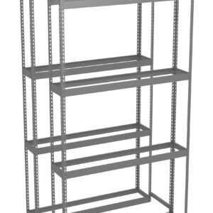 A gray, metal storage rack with five adjustable shelves. The shelves are designed for heavy-duty storage and have a sturdy, industrial appearance. The rack is empty, and its frame is constructed from steel beams.