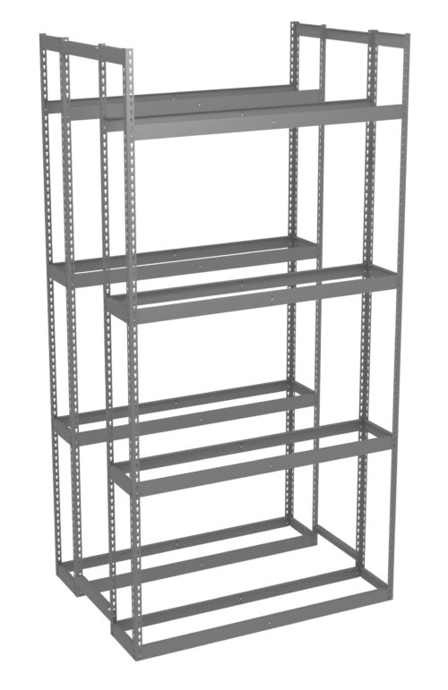 A gray, metal storage rack with five adjustable shelves. The shelves are designed for heavy-duty storage and have a sturdy, industrial appearance. The rack is empty, and its frame is constructed from steel beams.