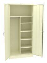 An open beige metal storage cabinet with a rod for hanging items on the left side and multiple shelves on the right side. Two doors are fully open, revealing the interior storage space.