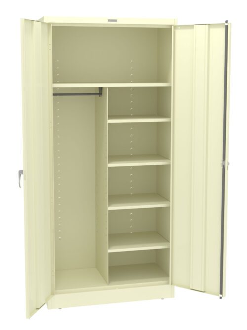 An open beige metal storage cabinet with a rod for hanging items on the left side and multiple shelves on the right side. Two doors are fully open, revealing the interior storage space.
