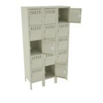 A beige metal locker unit with three columns and four rows, featuring doors with ventilation slits. Several doors are open, revealing empty compartments inside. The locker stands on four legs.
