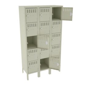 A beige metal locker unit with three columns and four rows, featuring doors with ventilation slits. Several doors are open, revealing empty compartments inside. The locker stands on four legs.