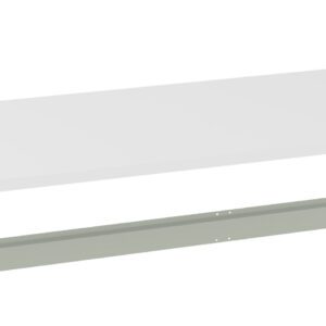 A white rectangular tabletop and a metallic support beam placed beneath it, isolated on a white background.