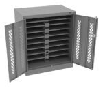 A gray metal storage cabinet with open double doors and diagonal grid patterns. Inside, there are ten shelves with charging stations that have power outlets and connectors, suitable for organizing and charging electronic devices.
