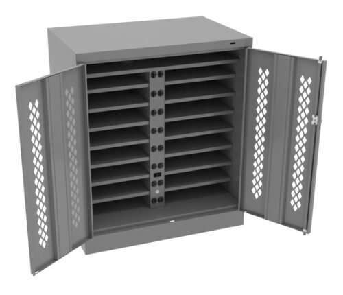 ury3zmnao9uvhopujcpf.jpg A gray metal storage cabinet with open double doors and diagonal grid patterns. Inside, there are ten shelves with charging stations that have power outlets and connectors, suitable for organizing and charging electronic devices.