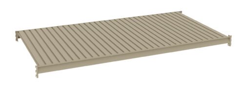 A beige, rectangular metal shelf with evenly spaced horizontal slats and four small brackets at the corners for mounting. The surface is flat and smooth, designed for storage use on shelving units.