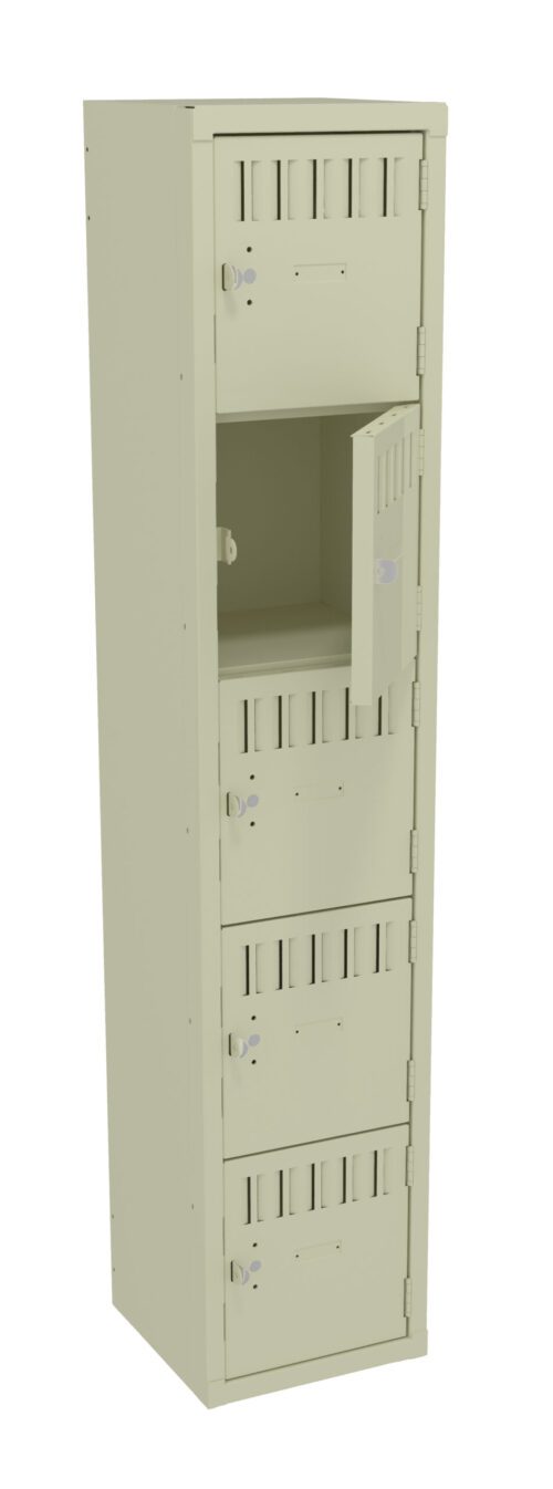usdbwdtafdzem9ampnsf.jpg A beige multi-tiered locker with five compartments, one of which is open. Each compartment has a small square door with a latch and ventilation slots. The locker stands upright against a plain white background.