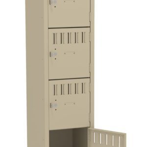 Tall beige locker unit with six compartments, each with a vented door and an individual lock. The bottom compartment is open, revealing an empty interior. The locker stands against a white background.