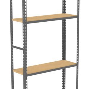 A metal shelving unit with four wooden shelves is shown against a white background. The frame is gray, with perforated side beams for adjustable shelf placement. The shelves are evenly spaced.