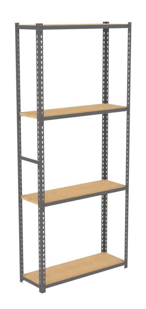 usst1eawxnhis5enpkqy.jpg A metal shelving unit with four wooden shelves is shown against a white background. The frame is gray, with perforated side beams for adjustable shelf placement. The shelves are evenly spaced.