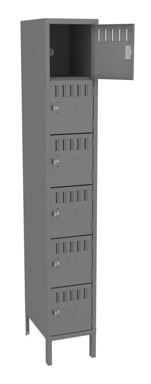 A tall gray steel locker with six individual lockable compartments, all featuring slotted vents. The top compartment door is open, revealing its interior. The locker stands on four legs.