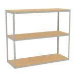A three-tier metal shelving unit with a simple design. Each shelf is made of wood, and the frame is metallic, suitable for storage or organizational purposes.