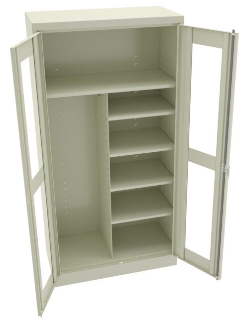 utiupklzop5uw5knyqlc.jpg Open metal cabinet with two glass doors, featuring multiple adjustable shelves on the right side and a large open section on the left. The cabinet is light gray and appears to be empty.