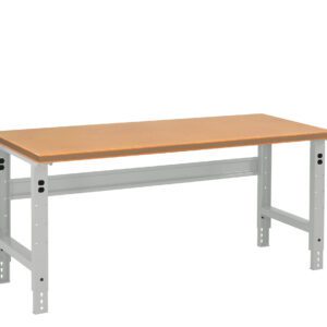 A light brown wooden workbench with a sturdy gray metal frame and adjustable legs. The design is simple and functional, suitable for workshops or garages.