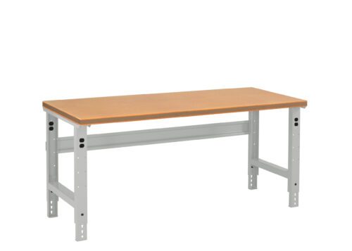 A light brown wooden workbench with a sturdy gray metal frame and adjustable legs. The design is simple and functional, suitable for workshops or garages.