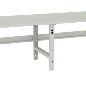 A long, rectangular, industrial-style workbench with a grey metal frame and a smooth grey surface. The bench has sturdy metal legs and a simple design, suitable for various workspaces or workshops.