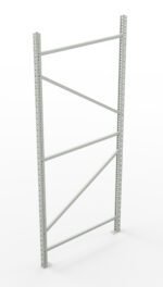 A grey metal shelving frame with vertical beams and diagonal crossbars is standing upright. It has perforations along the beams for adjustable shelving positions. The structure is on a white background.