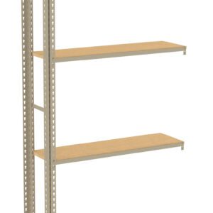 A beige metal shelving unit with five wooden shelves, supported by two perforated vertical metal beams, creating an open design suitable for storage or organizational purposes.