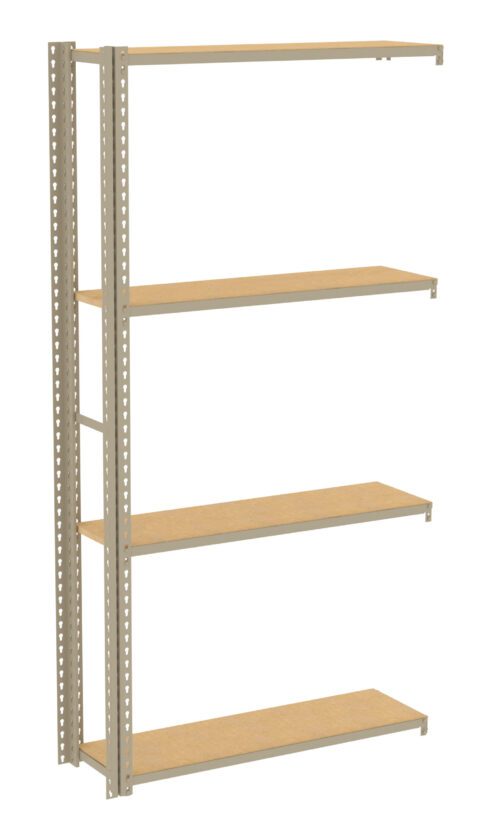 A beige metal shelving unit with five wooden shelves, supported by two perforated vertical metal beams, creating an open design suitable for storage or organizational purposes.